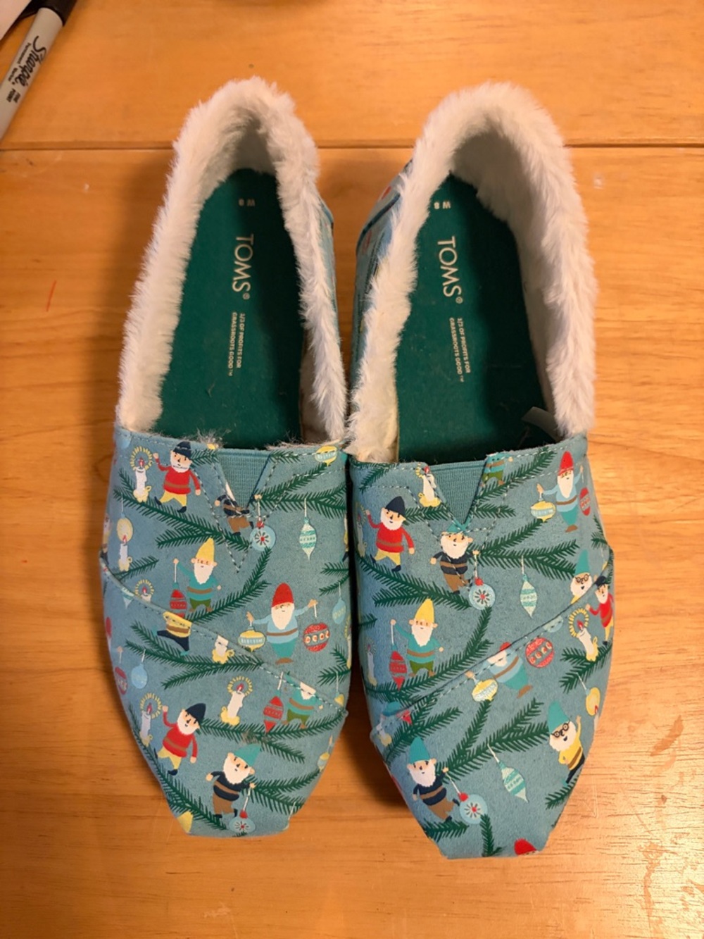 TOMS Teal Slip-On Slippers with Holiday Gnome Print